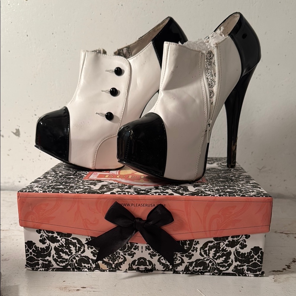Pleaser Black and White High Heel Platform Boots